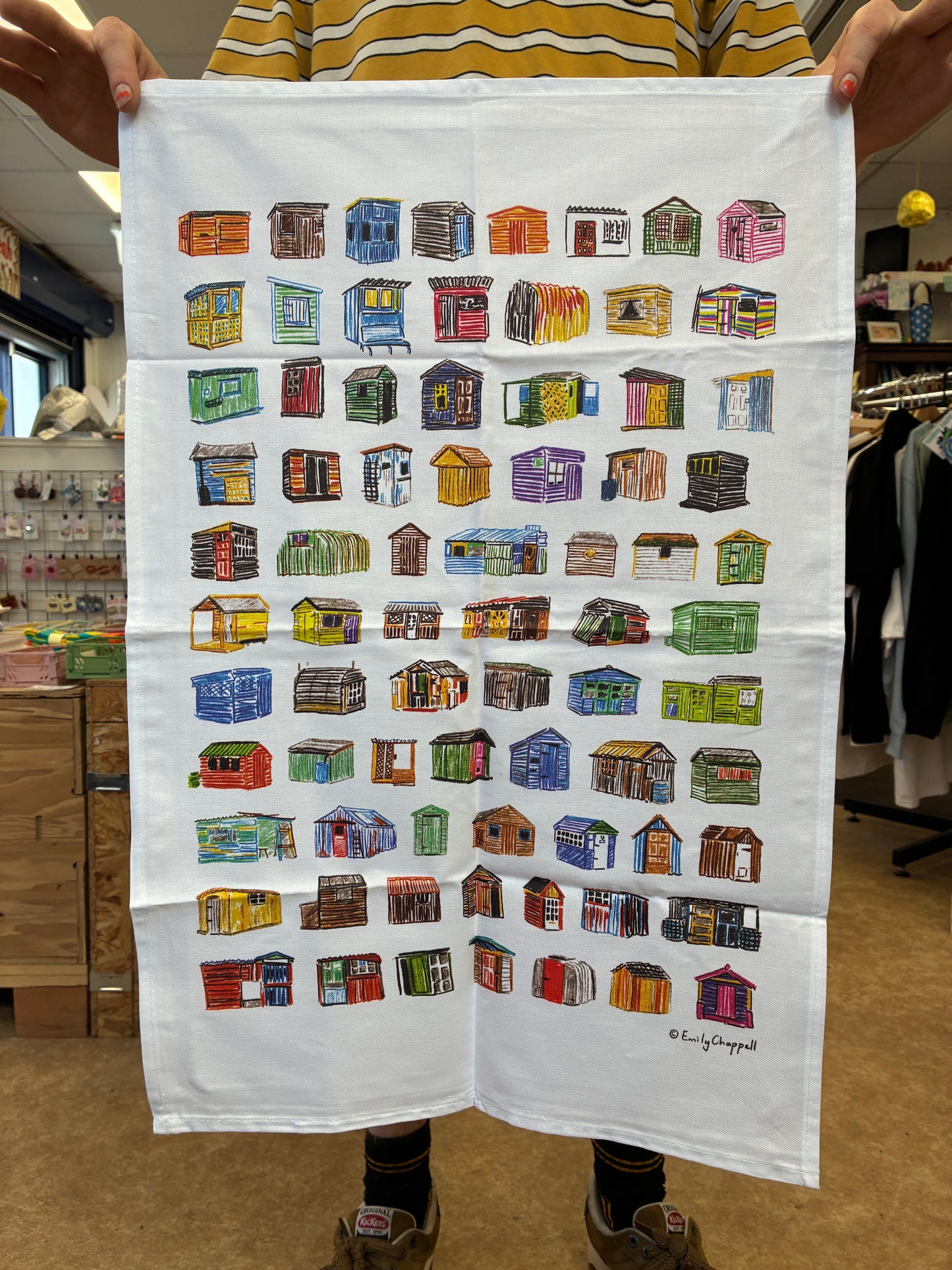 Allotment Huts Tea Towel by Emily Chappell