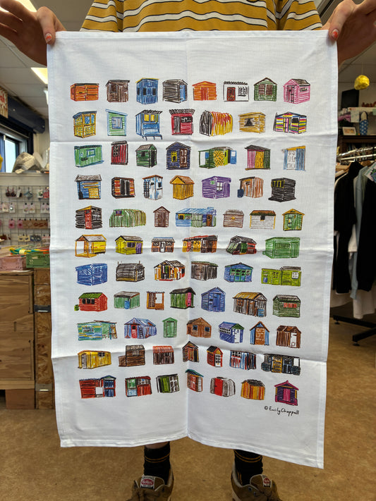 Allotment Huts Tea Towel by Emily Chappell